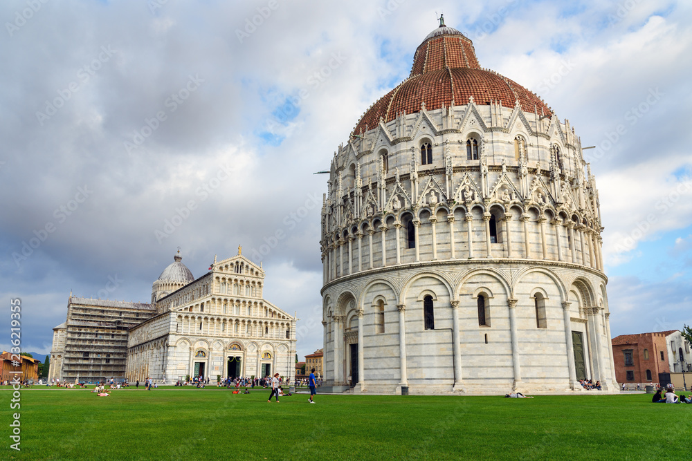Pisa Baptistery of St. John and Cathedral or Duomo di Santa Maria Assunta. Pisa, Italy.