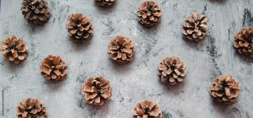 Fototapeta premium Pinecones on stone background. Christmas decorations. 