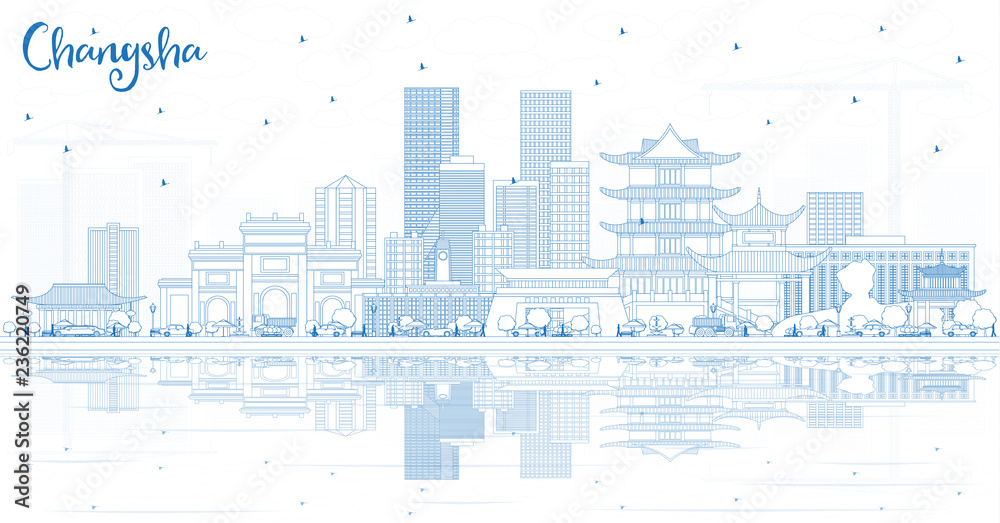 Outline Changsha China City Skyline with Blue Buildings and Reflections.