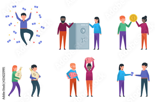 Funny people posing with money in various situations. Man jumping under money rain  woman holding money bag  piggy bank and showing other actions. Flat style vector illustration