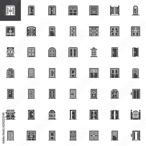Types of Doors vector icons set, modern solid symbol collection, filled style pictogram pack. Signs, logo illustration. Set includes icons as Closed door, Elevator gate, Double entrance doorway