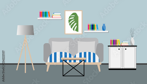 Flat design of living room interior with sofa, pillows, book, picture flame and carpet, vector illustration