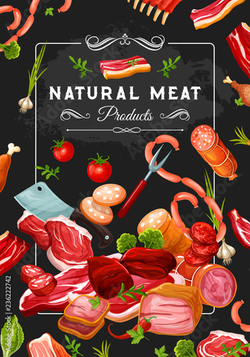 Butcher shop meat and veggies, steaks and knives
