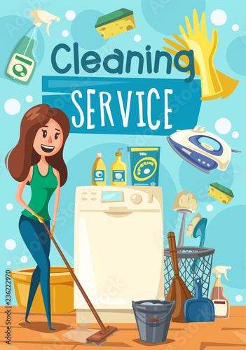 Cleaning service, woman mopping floor