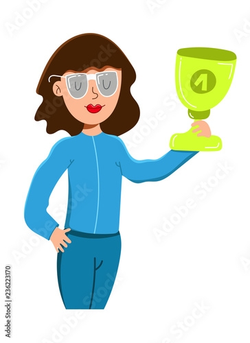 beautiful young girl holding a gold trophy for first place in the competition, vector illustration