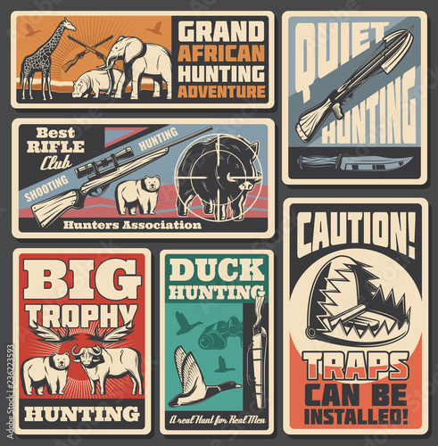 Hunting sport posters, ammunition and animals