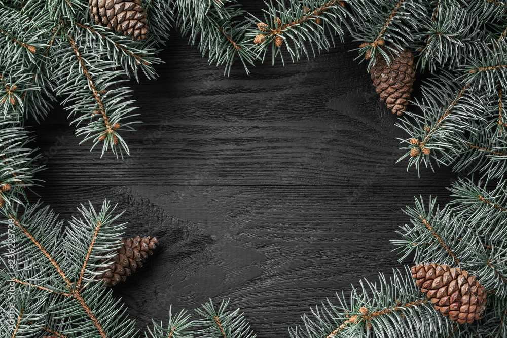 custom made wallpaper toronto digitalChristmas card with fir branches on a dark wooden rustic background, place for text. Xmas and happy new year greeting card. Top view, flat lay.