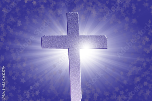 Easter cross with star burst and light rays on blue background; useful for cards, flyers, posters and more.