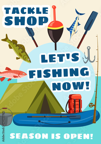 Tackle shop poster, fishery equipment and fish
