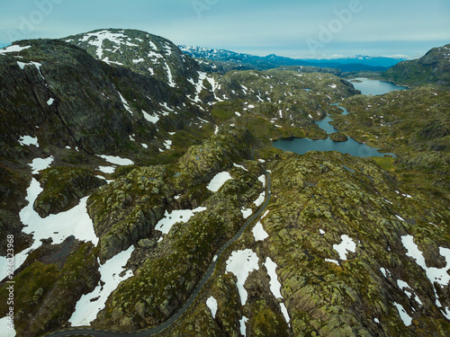 Aerial view. Road and lakes in mountains Norway photo