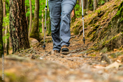 Young girl woman Hiking schoes and sticks detail view in the forest outdoor activity in nature © CL-Medien