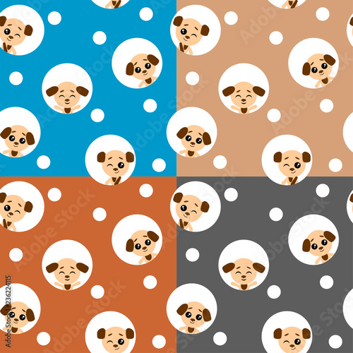 Vector set collection design seamless pattern with cute funny animal dog. Vector illustration with puppy.