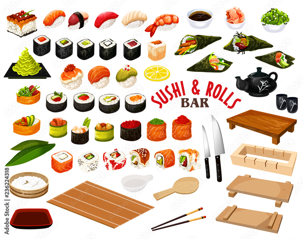 Japanese cuisine from sushi and rolls bar vector