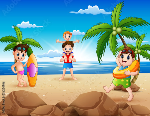 Cartoon of happy family playing on the beach