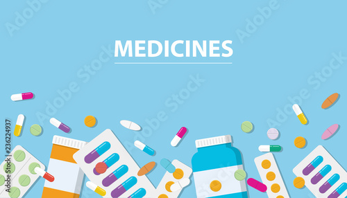 medicines drug collection with banner free space with blue background photo
