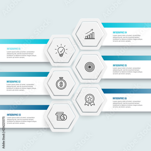 Vector illustration hexagon infographics 6 options. Template for brochure, business, web design.