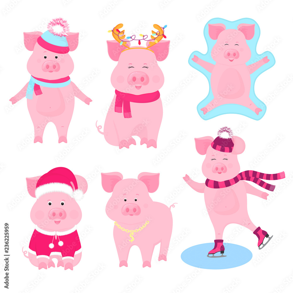 New Year's set of cute pigs characters. Santa Claus costume, snow angel, piggy skating, with a gold medal, in a hat