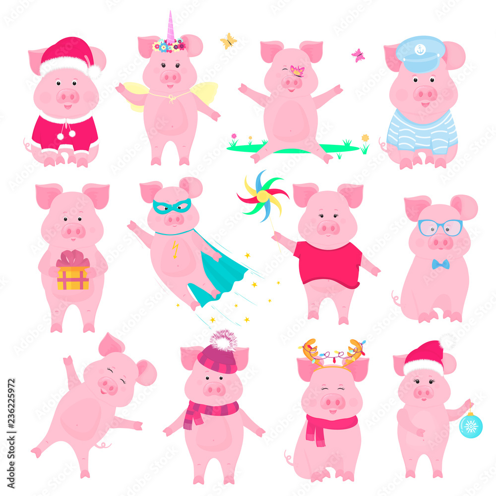 Cute piggy in costumes. Superhero, unicorn, Santa Claus, sailor. Funny animal. Chinese New Year. Pig cartoon character