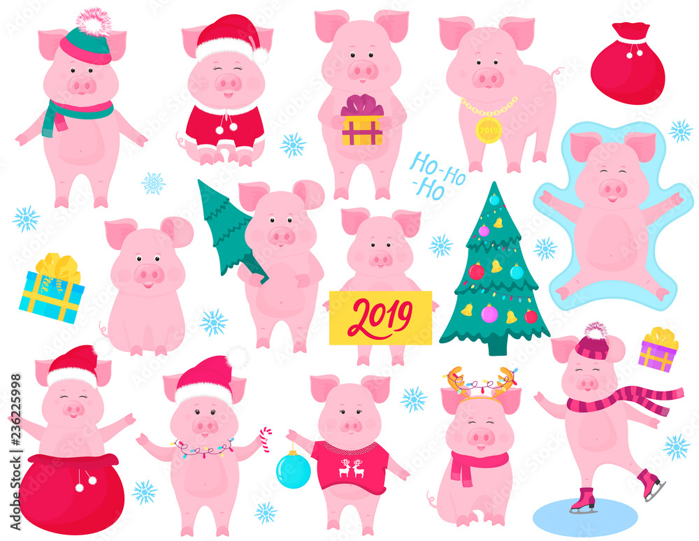 New Year's set of cute pigs. Funny characters. Santa Claus costume, snow angel, piggy skating. Christmas fir tree New Year's set of cute pigs. Funny characters. Santa Claus costume, snow angel, piggy skating. Christmas fir tree