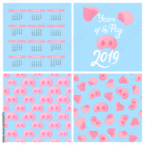 Wall Calendar for 2019. Chinese New Year of the pig. Piggy nose seamless pattern. Hand lettering. Set of design elements