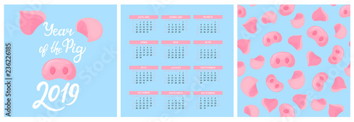 Wall Calendar for 2019 . Chinese New Year of the pig. Piggy nose seamless pattern. Greeting card. Hand lettering.