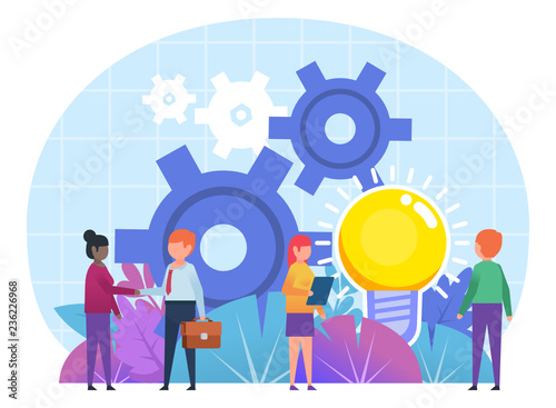 Business deal, agreement concept. Small people stand near big gears, idea bulb. Poster for banner, social media, web page, presentation. Flat design vector illustration
