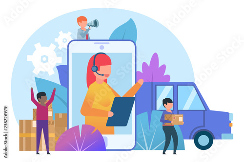 Online delivery service concept. Small people stand near smartphone, delivery packages, car. Poster for banner, social media, web page, presentation. Flat design vector illustration