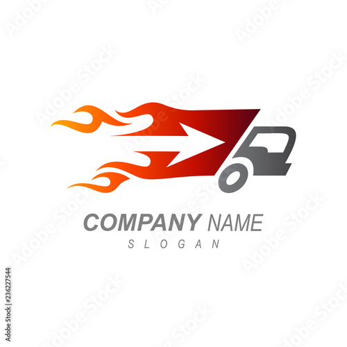 Fast Truck Delivery Logo Template. Truck With Fire Motion  And Arrow Shape