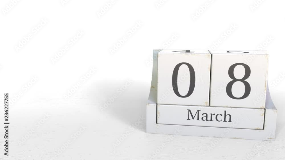 March 8 date on retro blocks calendar, 3D animation March 8 date on retro blocks calendar, 3D animation