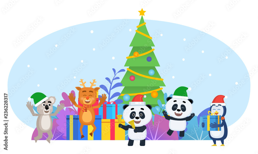 Cute little penguin, panda, koala, reindeer, fox stand near Christmas tree and celebrate New Year. Poster for presentation, social media, banner, web page. Flat design vector illustration