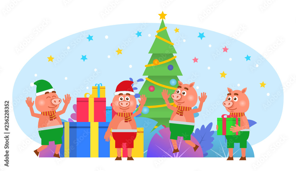 Cute little pigs stand near Christmas tree, gift boxes. New year, Christmas celebration. Poster for web page, social media, banner, presentation. Flat design vector illustration