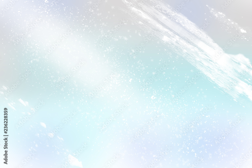Obraz premium Winter shiny snowflakes blurred background in light blue color. Blurry Christmas holiday background with snow flakes, frost pattern, soft flares of light. Copy space