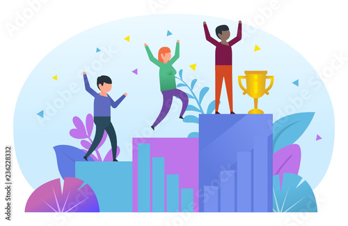 Celebrate victory, business growth, success concept. People stand on pedestal, growth chart. Poster for web page, social media, banner, presentation. Flat design vector illustration