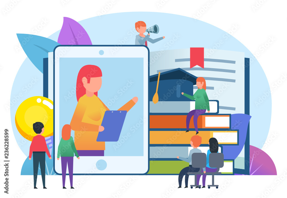 Online learning, courses, distant education concept. Small people stand near big smartphone, books. Poster for social media, banner, web page, presentation. Flat design vector illustration