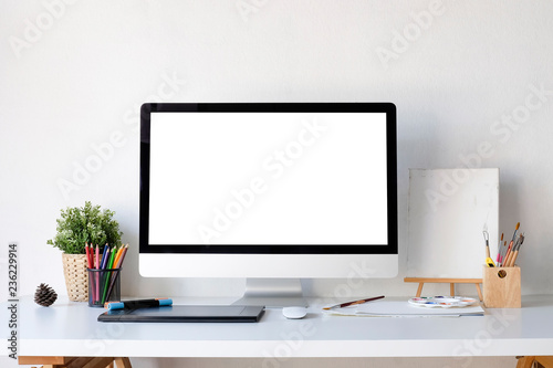 Workplace mockup concept. Mock up desktop computer with graphic designer workplace. Artist workspace with copy space for products display montage.Mockup desktop.