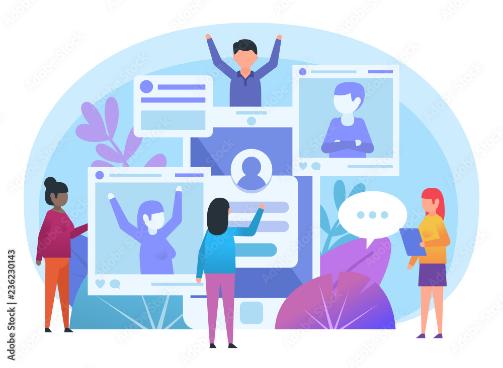 People using social media, online communication concept. Small people stand near big smartphone, photos. Poster for social media, web page, banner, presentation. Flat design vector illustration