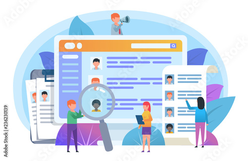 Hiring, recruitment concept. Personnel recruitment through online application. Poster for social media, web page, banner, presentation. Flat design vector illustration