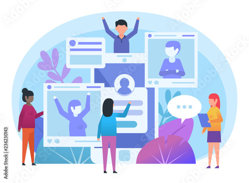 People using social media, online communication concept. Small people stand near big smartphone, photos. Poster for social media, web page, banner, presentation. Flat design vector illustration