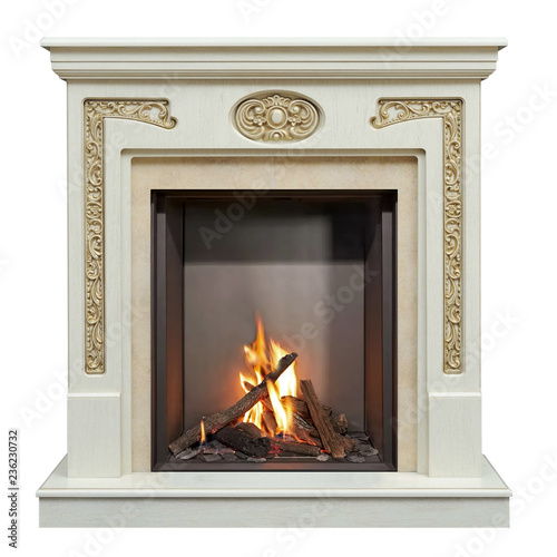 Burning classic fireplace isolated on white
