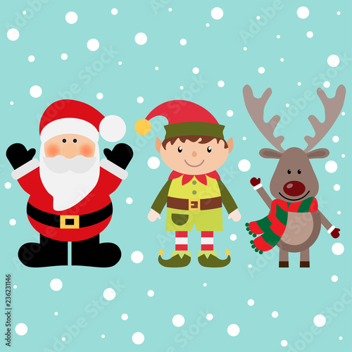 Christmas elf with Santa and deer on a snow background