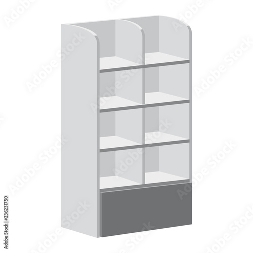 Rack shelves for supermarket floor showcases on a white background. Advertisement POS POI. Slender white. Layout template. Vector illustration. Isolated