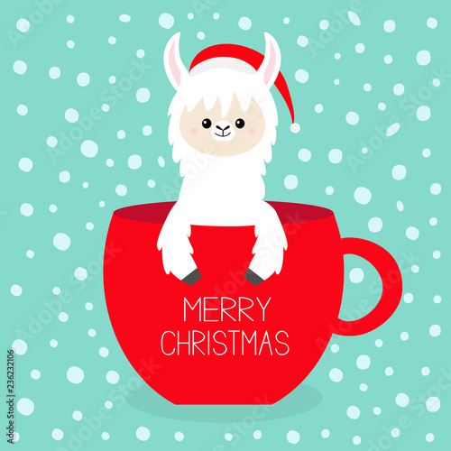 Merry Christmas. Alpaca llama sitting in coffee cup teacup. Santa Claus red hat. Face and hands. Cute cartoon character. Hello winter. Happy New Year. Snow flake. Blue background. Flat design.