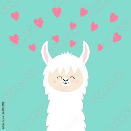 Alpaca llama face neck. Pink hearts. Happy Valentines Day. Cute cartoon funny smiling character. Blue background. Love card. Flat design.