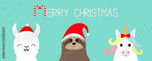 Merry Christmas. Llama alpaca, sloth face set. Red Santa hat. Happy New Year. Cute cartoon funny kawaii character. Greeting card, poster, banner print. Flat design. Blue background.