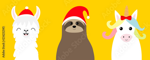 Llama alpaca, sloth face set in red Santa hat. Merry Christmas. Happy New Year. Cute cartoon funny kawaii character. Greeting card, poster, banner print. Flat design. Yellow background.