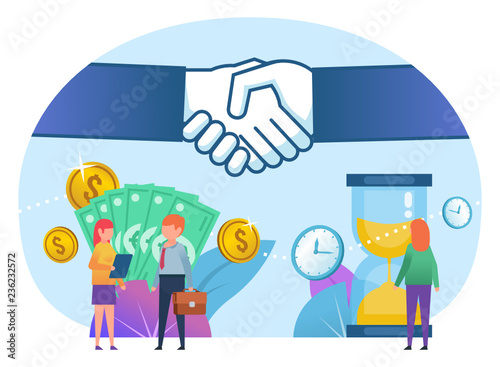 Time and money in business concept, successful deal. Poster for web page, banner, social media, presentation. Flat design vector illustration