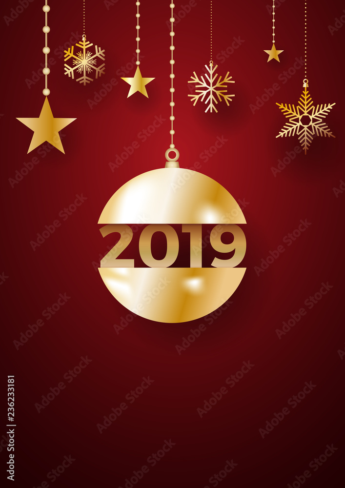 2019 Happy New Year background. Golden balls and ice for postcard, calendar and greeting 2019 Happy New Year background. Golden balls and ice for postcard, calendar and greeting