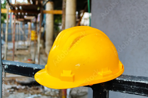Safety Works, Building: Hard Hat, Construction Hat Helmet. Background for construction worker or engineer helmet -Construction Site