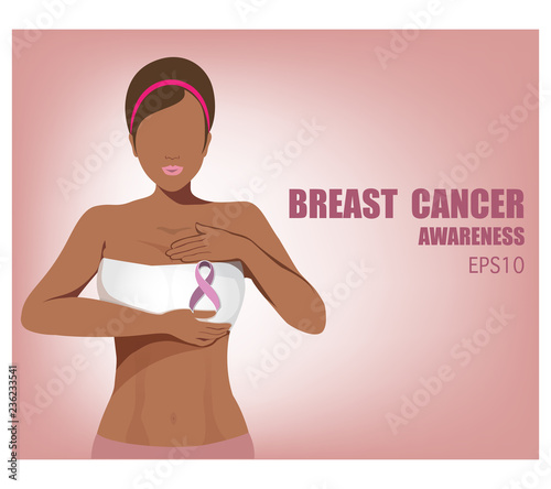 vector of a black skin woman breast cancer checking herself,awareness woman breast cancer concept