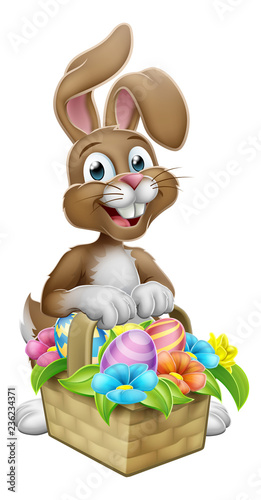 An Easter bunny rabbit cartoon character with a basket on an Easter egg hunt